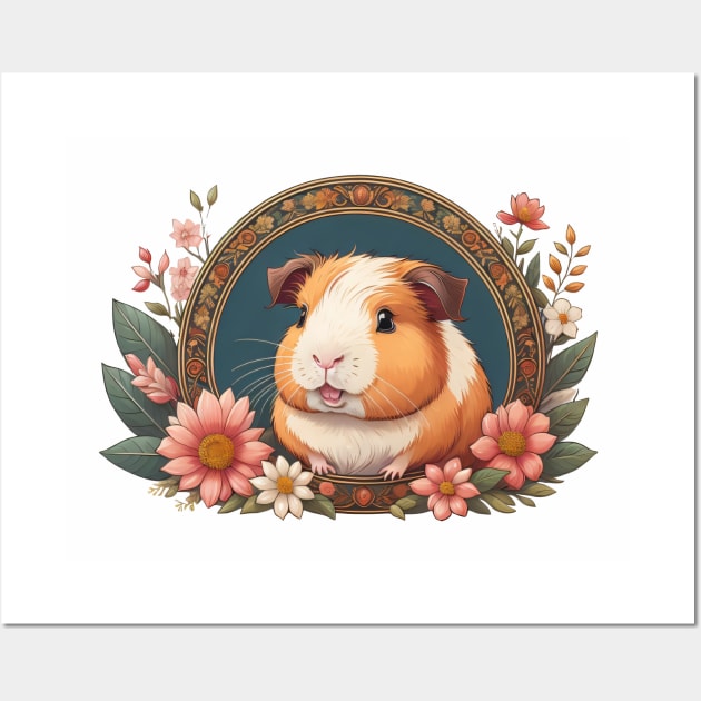 Lovely Guinea Pig Surrounded By Ornate Floral Frame Wall Art by Pet And Petal